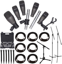 Load image into Gallery viewer, Samson DK707 7-Piece Drum Microphone Kit +Mr Dj Tripod Base Mic Boom Stand + Low-Level Tripod Mic Stand + 7 XLR Mic Cables 20 ft.+ Strape, Black Accessory Bundle